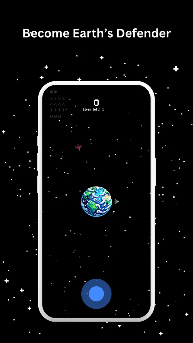 Astro Defender: Earth at the center of a starfield with the headline Become Earth's Defender
