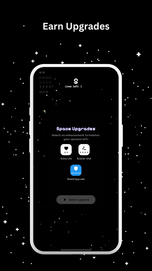 Astro Defender upgrade screen with the headline Earn Upgrades