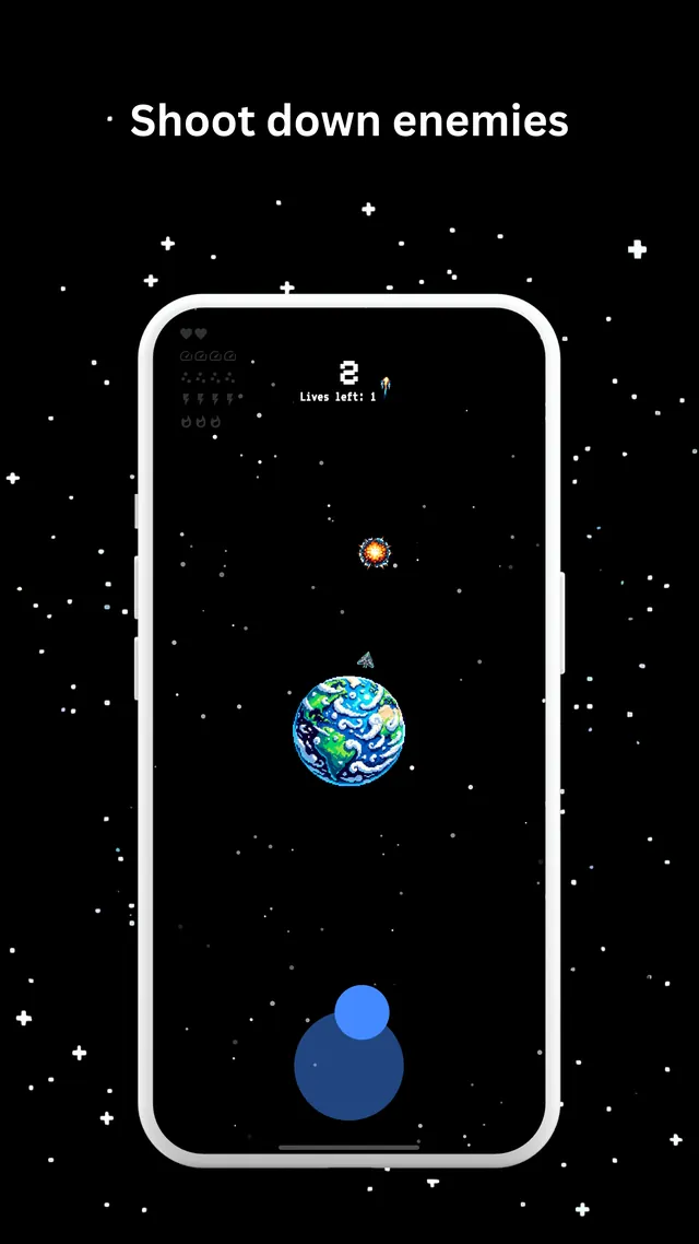 Astro Defender mid-battle with the headline Shoot down enemies