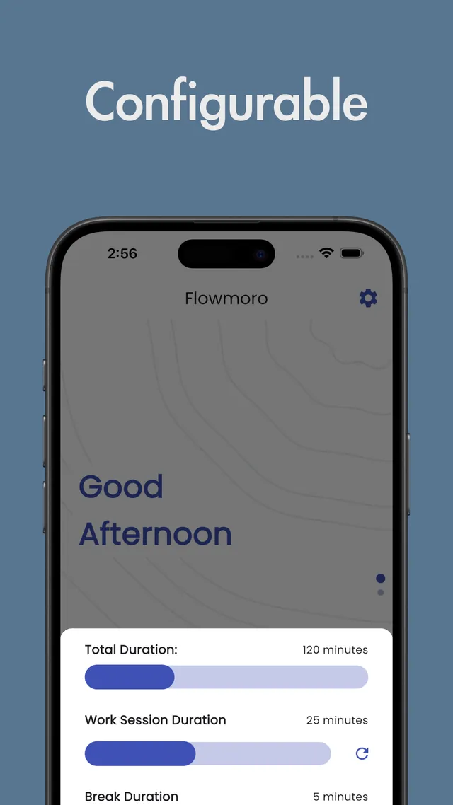 Flowmoro settings for total, work, and break duration with the headline Configurable