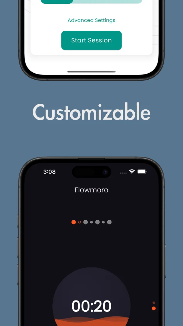Flowmoro advanced settings and a dark-mode timer with the headline Customizable