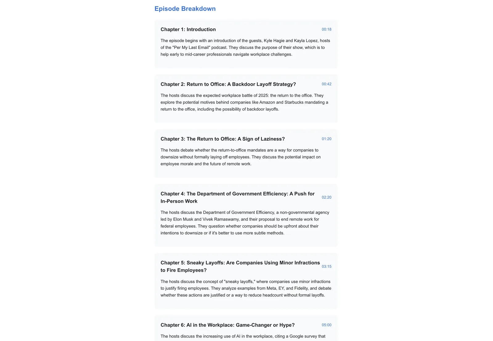 An InboxHiive chapter breakdown with timestamps