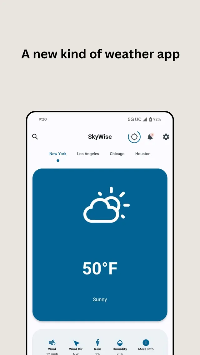 SkyWise current conditions with the headline A new kind of weather app