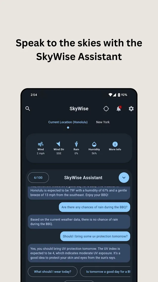 SkyWise assistant answering a question about the day's weather